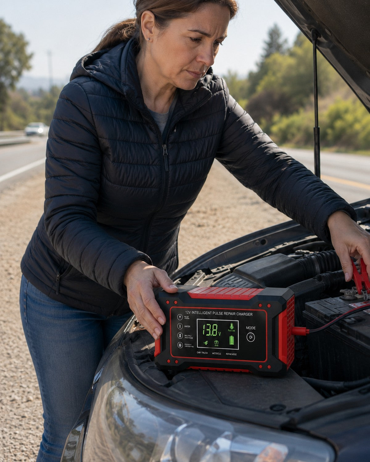 Mujer utilizando el cargador de batería en carretera